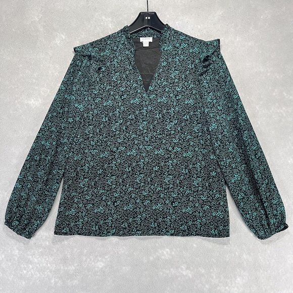 J.CREW Tops - J Crew Blouse Womens XXS Green Floral Lined VNeck Pullover Neck/Shoulders Ruffle